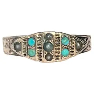 Edwardian 9 Carat Gold Turquoise and Pearl Panel Ring
