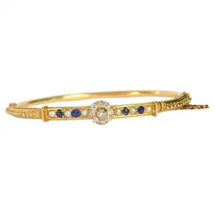 Art Deco Sapphire, Pearl and Diamond 18 Carat Gold Bangle