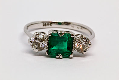 Art Deco Emerald and Diamond Three-Stone Ring