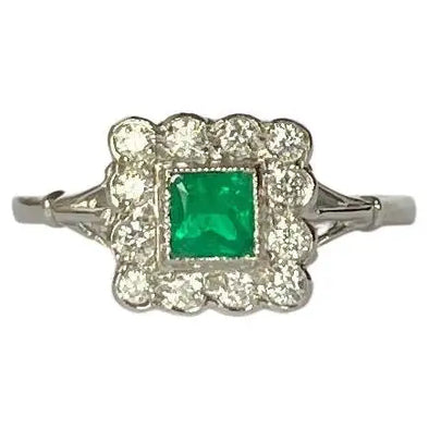 Edwardian Emerald and Diamond Platinum Panel Cluster Ring