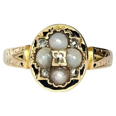 Victorian Pearl, Diamond and Enamel 18 Carat Gold Mourning Ring
