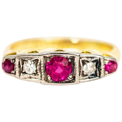 Art Deco 18 Carat Gold Diamond and Ruby Five-Stone Ring